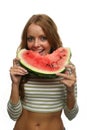 Happy woman enjoying eating a slice of watermelon Royalty Free Stock Photo