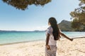 Happy woman enjoying freedom with open hands on sea Royalty Free Stock Photo