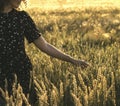 Happy woman enjoying the life in the sunny field. Nature beauty, white clouds and field with golden wheat. Outdoor Royalty Free Stock Photo