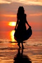 Happy Woman enjoying in Sea Sunset. Silhouetted against the suns Royalty Free Stock Photo