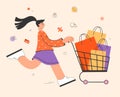 Happy woman enjoying shopping. Flat design illustration