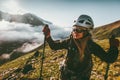 Happy woman enjoying sunset mountains landscape Royalty Free Stock Photo