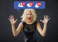 Happy woman excited about notifications on social media