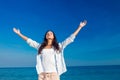 Happy woman with eyes closed at the beach Royalty Free Stock Photo