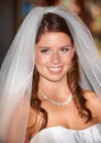 Happy woman, face and bride smile for wedding day, marriage or commitment at indoor church. Attractive female person