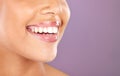 Happy woman, face or dental care on purple studio background or teeth whitening, invisible braces treatment or grooming Royalty Free Stock Photo