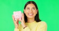 Happy woman, face and money savings on green screen for investment, budget or finance against studio background Royalty Free Stock Photo