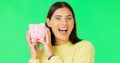 Happy woman, face and money savings on green screen for investment, budget or finance against studio background Royalty Free Stock Photo