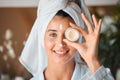 Happy woman, face and skincare cream for beauty, cosmetics or facial treatment with smile at spa. Portrait of beautiful Royalty Free Stock Photo