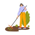 Happy Woman Farmer Character with Rake Gather Foliage Vector Illustration