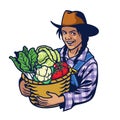 Happy woman farmer hold a bucket full of vegetables crop