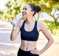 Happy woman, fitness and laughing with water bottle in rest from fun running, exercise or cardio workout in park. Fit Royalty Free Stock Photo