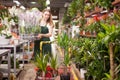 Happy woman florist showing a multicolored phalaenopsis flowers in the floral shop
