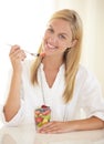 Happy woman, fruit and salad in portrait for health, diet and wellness for nutrition. Person, smile and confidence for Royalty Free Stock Photo