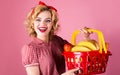 Happy woman with full shopping cart. Grocery store. Girl on shopping. Supermarket. Sale. Discount. Royalty Free Stock Photo