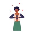 Happy woman gesturing heart with hands, fingers. Funny black girl expressing love, affection. Cute romantic person in