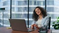 Happy woman gesturing yes alone at office closeup. Manager satisfied work result