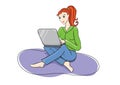 Happy woman girl sitting online on laptop computer