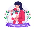 A Happy woman with glasses holding a bouquet of flowers. International Women\'s Day illustration