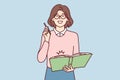 Happy woman in glasses holding large notepad in hands and making note or plan for day. Vector image Royalty Free Stock Photo