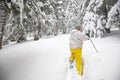 Happy woman goes on snowshoes