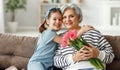 Happy woman and granddaughter with flowers Royalty Free Stock Photo