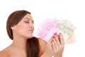 Happy woman with group of euro bills Isolated. Royalty Free Stock Photo