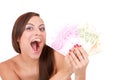 Happy woman with group of euro bills Isolated. Royalty Free Stock Photo