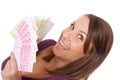 Happy woman with group of euro bills Isolated. Royalty Free Stock Photo