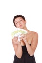 Happy woman with group of euro bills Isolated. Royalty Free Stock Photo