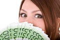 Happy woman with group of money. Royalty Free Stock Photo