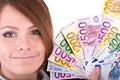 Happy woman with group of money. Royalty Free Stock Photo