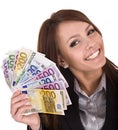 Happy woman with group of money. Royalty Free Stock Photo