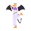 Happy Woman at Halloween Party Standing in Devil Costume with Horns on Head Vector Illustration Royalty Free Stock Photo