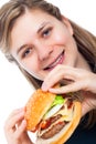 Happy woman with hamburger