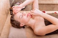 Happy woman in hammam or turkish bath in relax Royalty Free Stock Photo