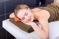 Happy woman in hammam or turkish bath in relax. Royalty Free Stock Photo