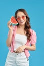 Happy woman hand holding watermelon, summer time concept Royalty Free Stock Photo