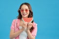 Happy woman hand holding watermelon, summer time concept Royalty Free Stock Photo