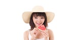 Happy woman hand holding watermelon, summer time Royalty Free Stock Photo