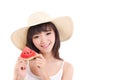 Happy woman hand holding watermelon, summer time concept Royalty Free Stock Photo