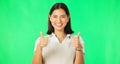 Happy woman, hands and thumbs up on green screen for good job, agreement or winning against a studio background Royalty Free Stock Photo