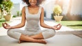 Happy woman, hands and yoga in meditation for spiritual wellness or healthy exercise on floor mat in zen garden. Hand of Royalty Free Stock Photo