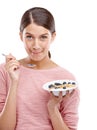 Happy, woman and healthy breakfast bowl of cereal for eating against white studio background. Portrait of isolated young Royalty Free Stock Photo