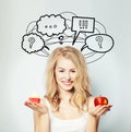 Happy Woman with Healthy and Unhealthy Food Royalty Free Stock Photo