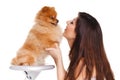 Happy woman and her beautiful little red dog spitz over white background close portrait Royalty Free Stock Photo