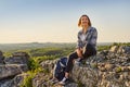 Happy woman hiker enjoying summer hike Royalty Free Stock Photo