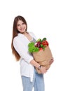Happy woman hold bag with healthy food, grocery buyer isolated Royalty Free Stock Photo