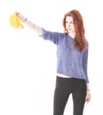 Happy woman hold a bunch of bananas Royalty Free Stock Photo