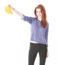 Happy woman hold a bunch of bananas Royalty Free Stock Photo